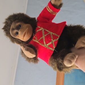Vintage 90s Hosung Coco Chimp Monkey Hand Puppet Plush Red Band Shirt Squeaky